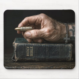 Man's Hand on a Bible Holding a Bullet マウスパッド