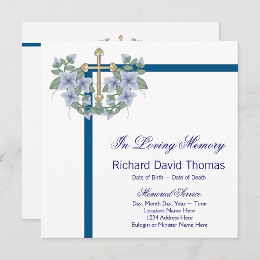 Mans Navy Blue Cross In Loving Memory Memorial 招待状 (正面/裏面)