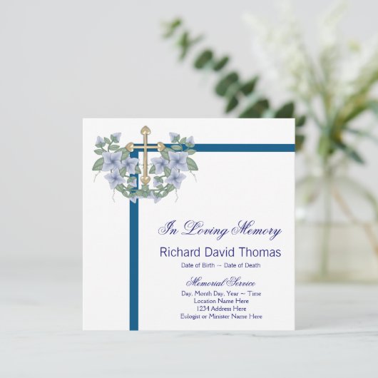 Mans Navy Blue Cross In Loving Memory Memorial 招待状 (スタンド正面)