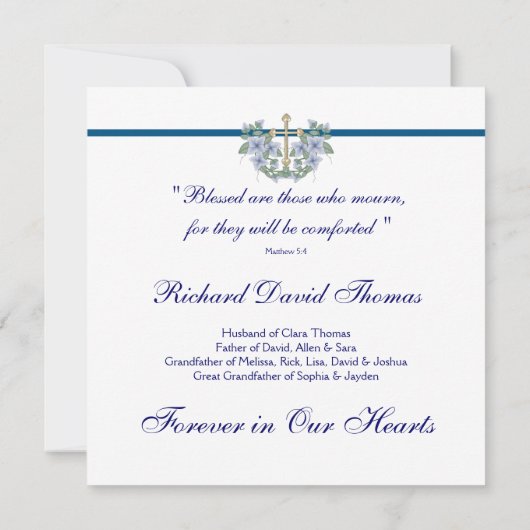 Mans Navy Blue Cross In Loving Memory Memorial 招待状 (裏面)