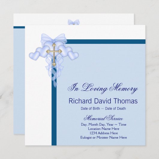 Mans Navy Blue Cross In Loving Memory Memorial 招待状 (正面/裏面)