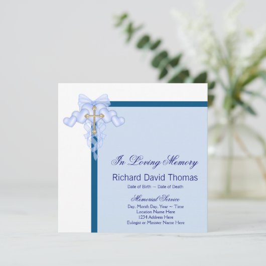Mans Navy Blue Cross In Loving Memory Memorial 招待状 (スタンド正面)