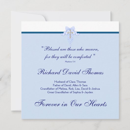 Mans Navy Blue Cross In Loving Memory Memorial 招待状 (裏面)