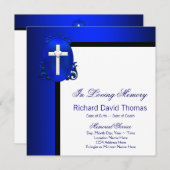 Mans Navy Blue Cross In Loving Memory Memorial 招待状 (正面/裏面)