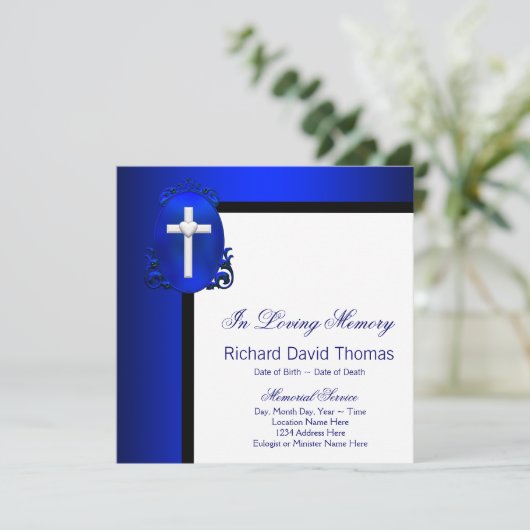 Mans Navy Blue Cross In Loving Memory Memorial 招待状 (スタンド正面)