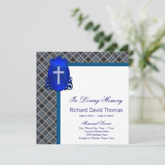 Mans Navy Blue Gray In Loving Memory Memorial 招待状 (スタンド正面)