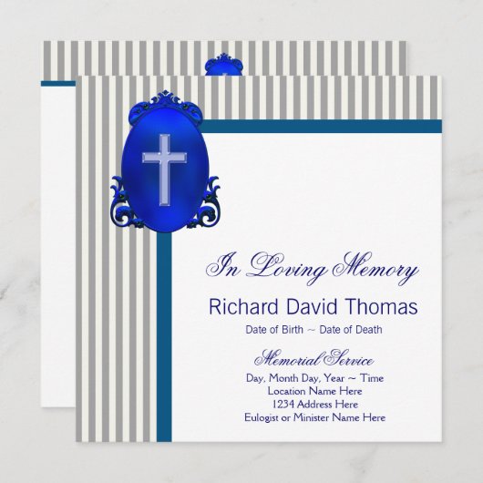 Mans Navy Blue Gray In Loving Memory Memorial 招待状 (正面/裏面)