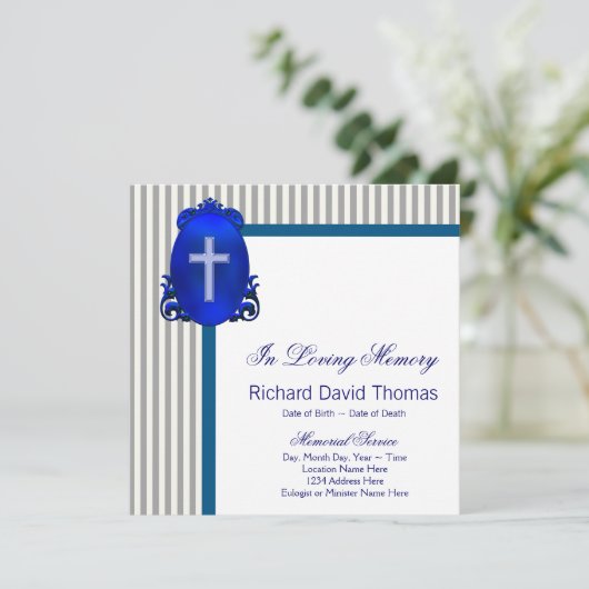 Mans Navy Blue Gray In Loving Memory Memorial 招待状 (スタンド正面)