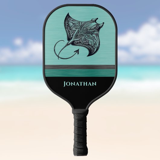 Manta Ray on Teal Faux Brushed Metal Monogrammed ピックルボールラケット