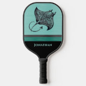 Manta Ray on Teal Faux Brushed Metal Monogrammed ピックルボールラケット (正面)
