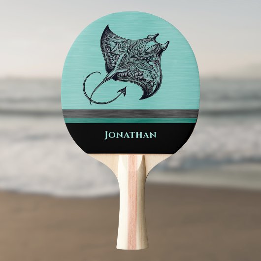 Manta Ray on Teal Faux Brushed Metal Monogrammed 卓球ラケット