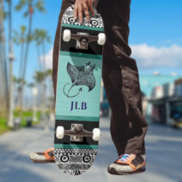 Manta Ray Teal Black White Polynesian w Initial スケートボード