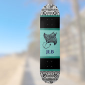 Manta Ray Teal Black White Polynesian w Initial スケートボード