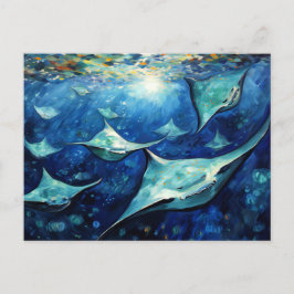 Manta Rays in Expressive Ocean Oil Painting ポストカード