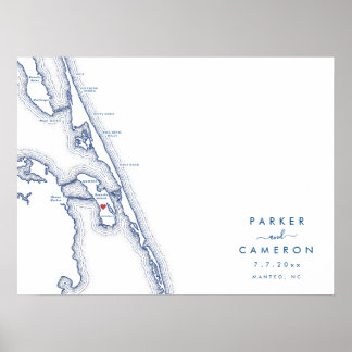 Manteo NC結婚のマップNavy Blue Guest Book Poster ポスター