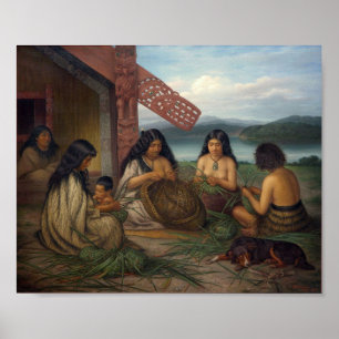Maoris Plaiting Flax Baskets, by G. Lindauer ポスター
