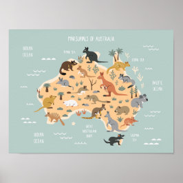Map of Australian marsupials kids ポスター