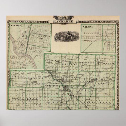Map of Kankakee County, Kankakee and Gilman ポスター (正面)
