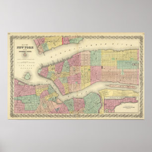 Map Of New York And The Adjacent Cities ポスター
