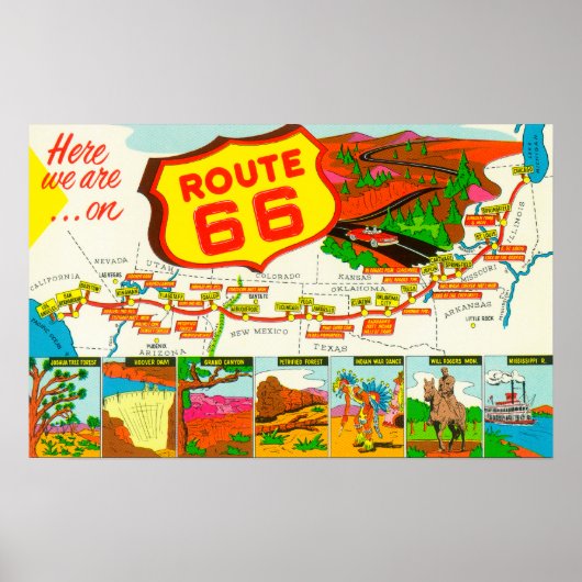 Map of Route 66 from Los Angeles to Chicago ポスター (正面)