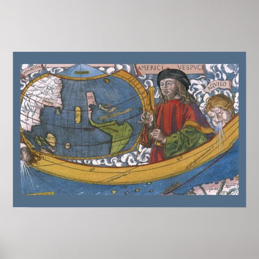 Map of the Americas with Explorer Amerigo Vespucci ポスター (正面)