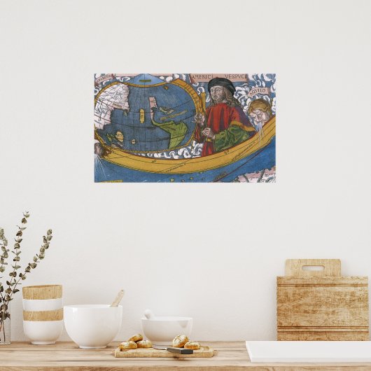 Map of the Americas with Explorer Amerigo Vespucci ポスター (キッチン)