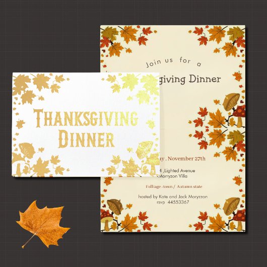  maple leaves& musrooms - Thanksgiving invitation 箔カード