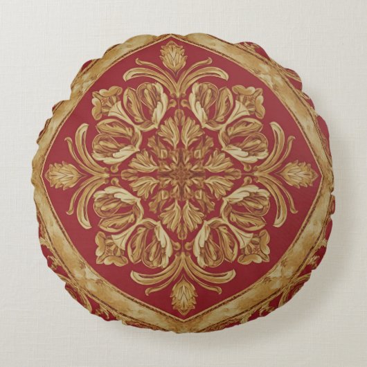 Mara Trumpet Glory Golden Red Ornate Luxury Throw  ラウンドクッション (正面)
