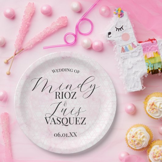 Marble Abstract Pink Wedding Script Black  ペーパープレート (パーティー)