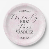 Marble Abstract Pink Wedding Script Black  ペーパープレート (正面)