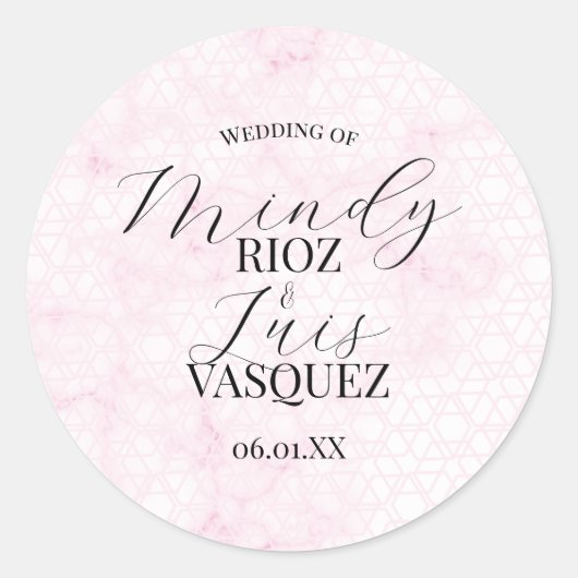 Marble Abstract Pink Wedding Script Black  ラウンドシール (正面)