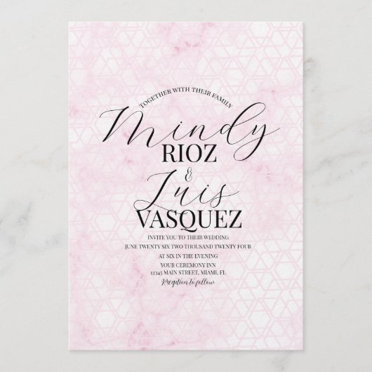 Marble Abstract Pink Wedding Script Black 招待状 (正面)