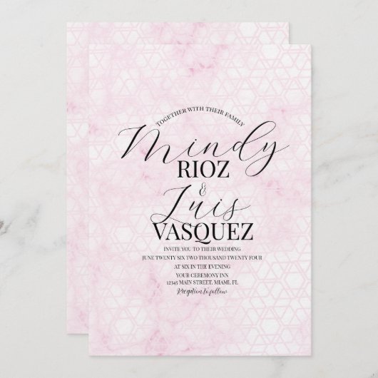 Marble Abstract Pink Wedding Script Black  招待状 (正面/裏面)