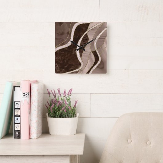 Marble Agate Gold Glam 5 スクエア壁時計 (読書スペース)