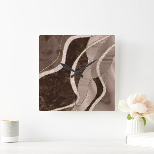 Marble Agate Gold Glam 5 スクエア壁時計 (ホーム)