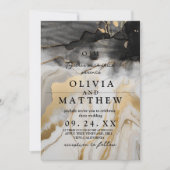 Marble Blackと金ゴールド結婚の写真 招待状 (正面)