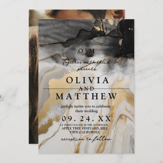 Marble Blackと金ゴールド結婚の写真 招待状 (正面/裏面)