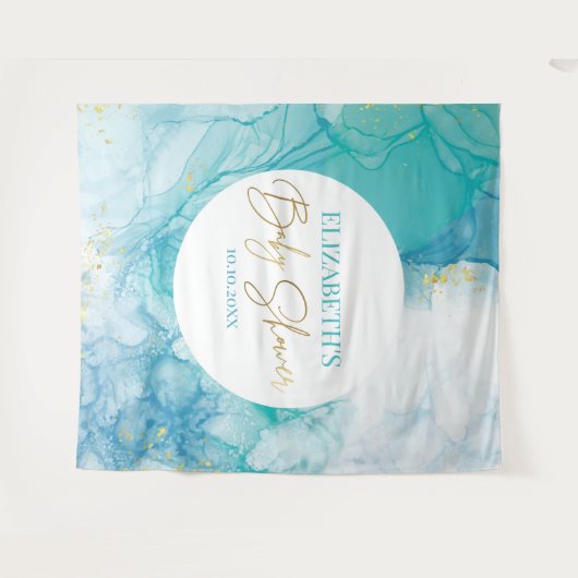Marble blue mint baby shower modern backdrop タペストリー (正面(横))