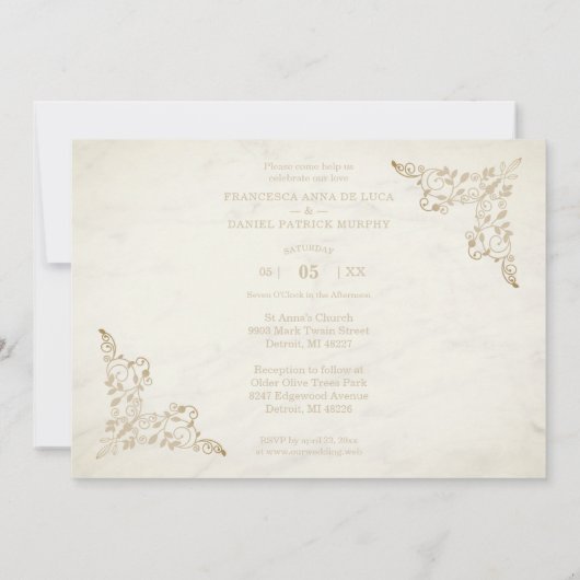 Marble Chic Golden Lace Romantic Couple Wedding 招待状 (裏面)
