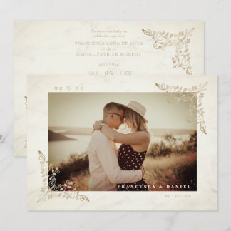 Marble Chic Golden Lace Romantic Couple Wedding 招待状