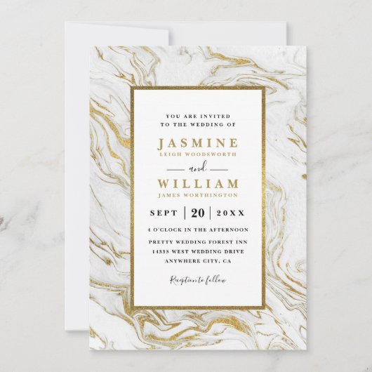 Marble Golden Elegant Modern QR Code Wedding 招待状 (正面)