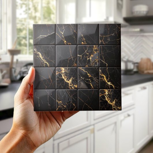 Marble Mix 4x4 Squares Black/Gold ID1186c タイル