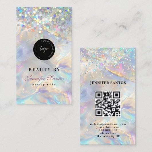 Marble Opal Holographic Glitter QR Code 名刺 (正面/裏面)