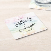 Marble Rainbow Gay Script Wedding スクエアペーパーコースター (アングル)
