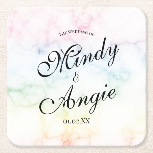 Marble Rainbow Gay Script Wedding スクエアペーパーコースター (正面)