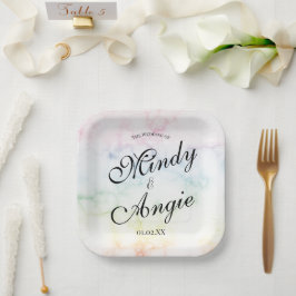 Marble Rainbow Gay Script Wedding ペーパープレート