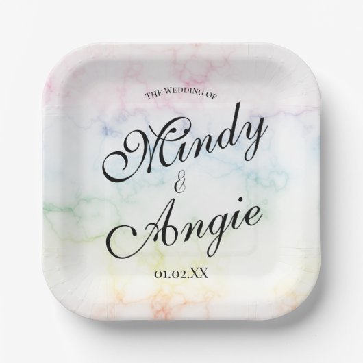 Marble Rainbow Gay Script Wedding ペーパープレート (正面)