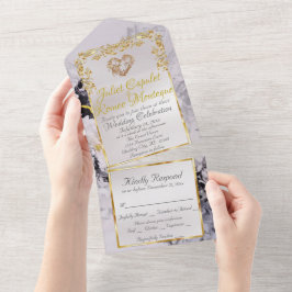 Marble & White, Gold Frame, Gold Heart オールインワン招待状
