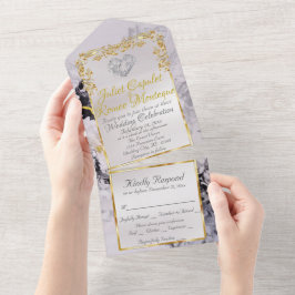 Marble & White, Gold Frame, Silver Heart オールインワン招待状