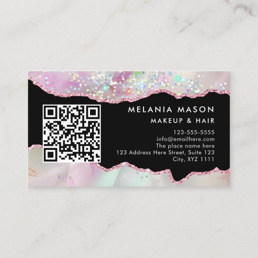 Marbled Agate Holographic Glitter QR Code Beauty 名刺 (裏面)